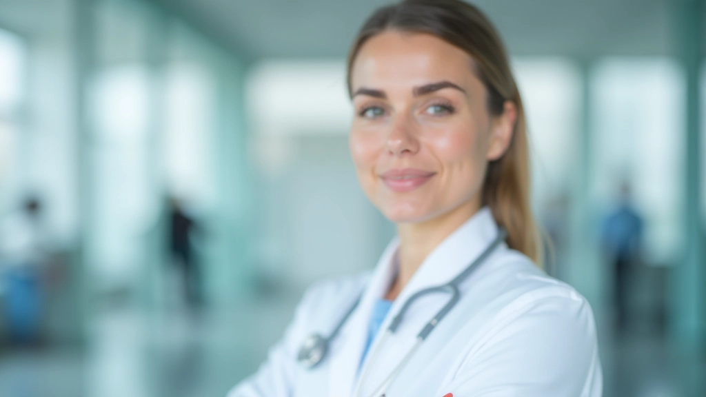 Ārste klīnikā skaita pacientu ar stetoskopju, viņas aizmugure parāda medicīniskās ierīces un datorekrānus ar pacientu datiem