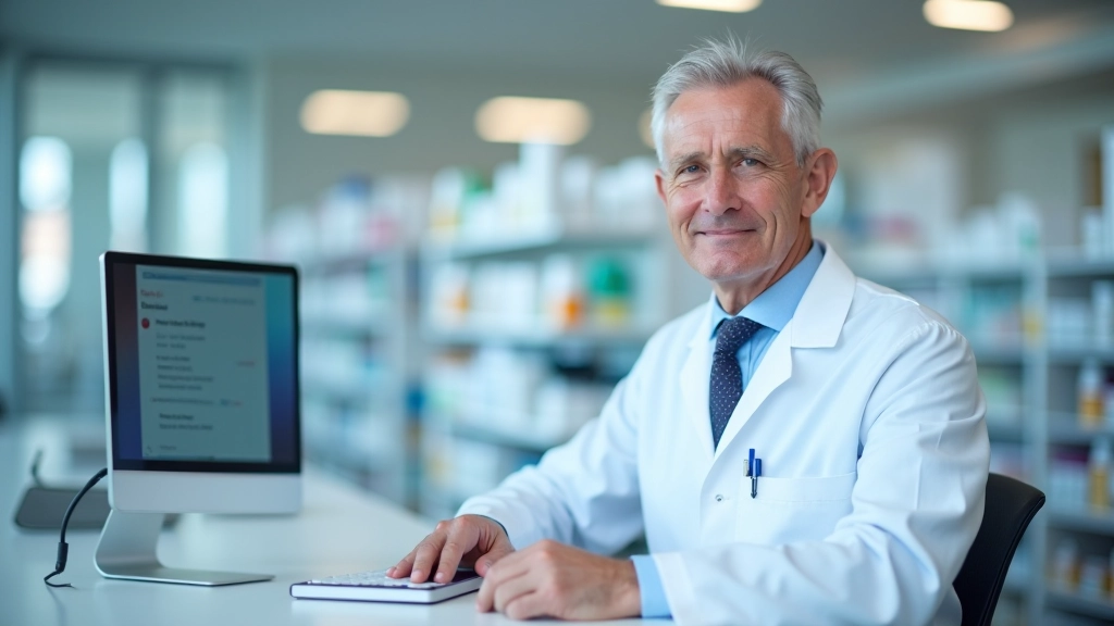 Farmaceits pie receptes skaits, viņa datora ekrānā redzama elektroniskā recepte