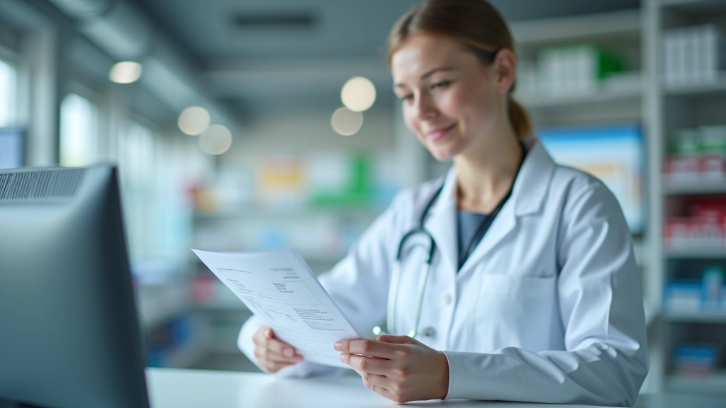 Aptieka skaidrā vidē, farmaceits pie skaņajām receptes, pacients elektronisko recepšu apstiprinājuma saņemšanā caur savu tālruni